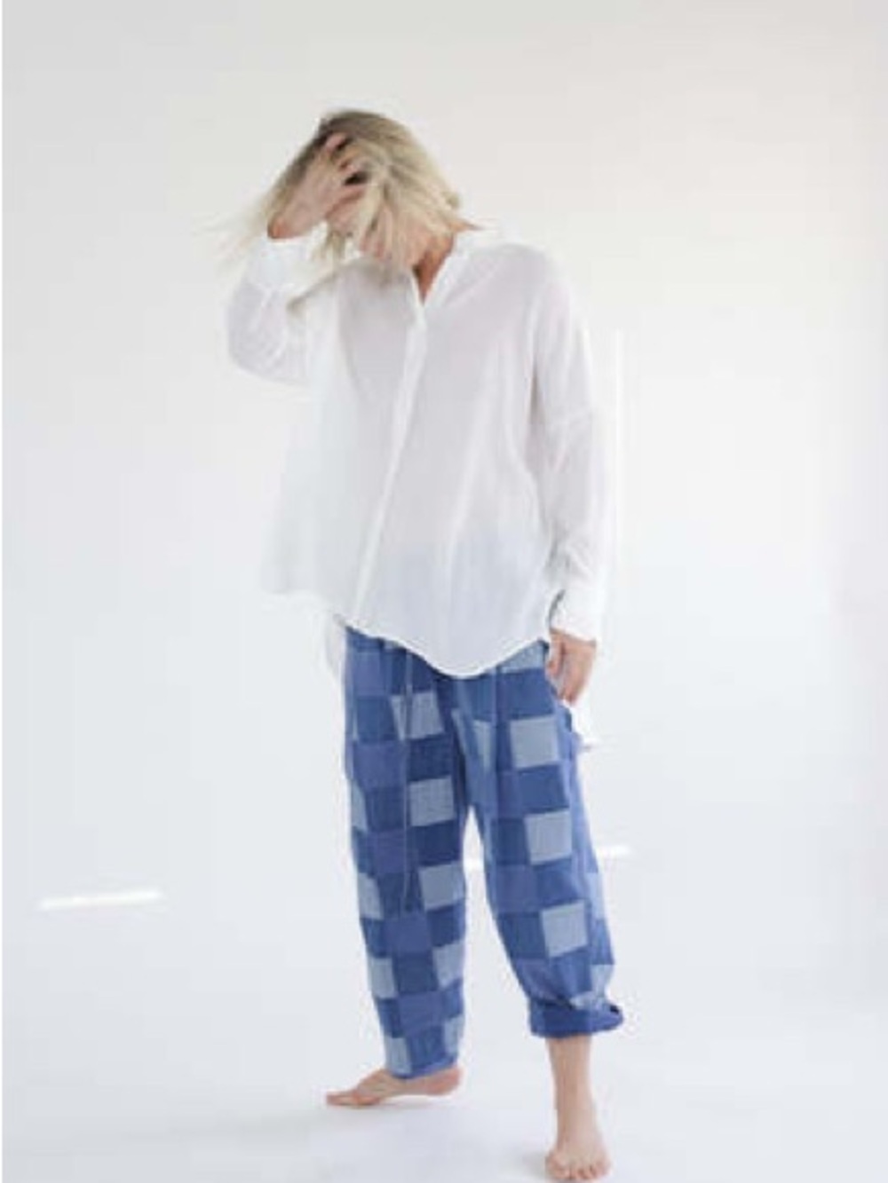 Amente Collarless Loose Fit Button Down Off White Shirt Oversized S/M - 28 PTP